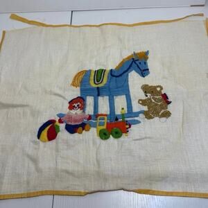 Vintage Hand Embroidered Punch Needle Fabric Blue Rocking Horse Doll Toy Train